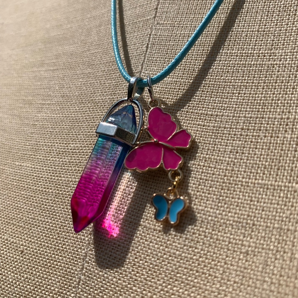 Handmade Cotton Candy Resin Crystal Amulet Necklace & Enamel Butterfly Charms - Picture 2 of 11
